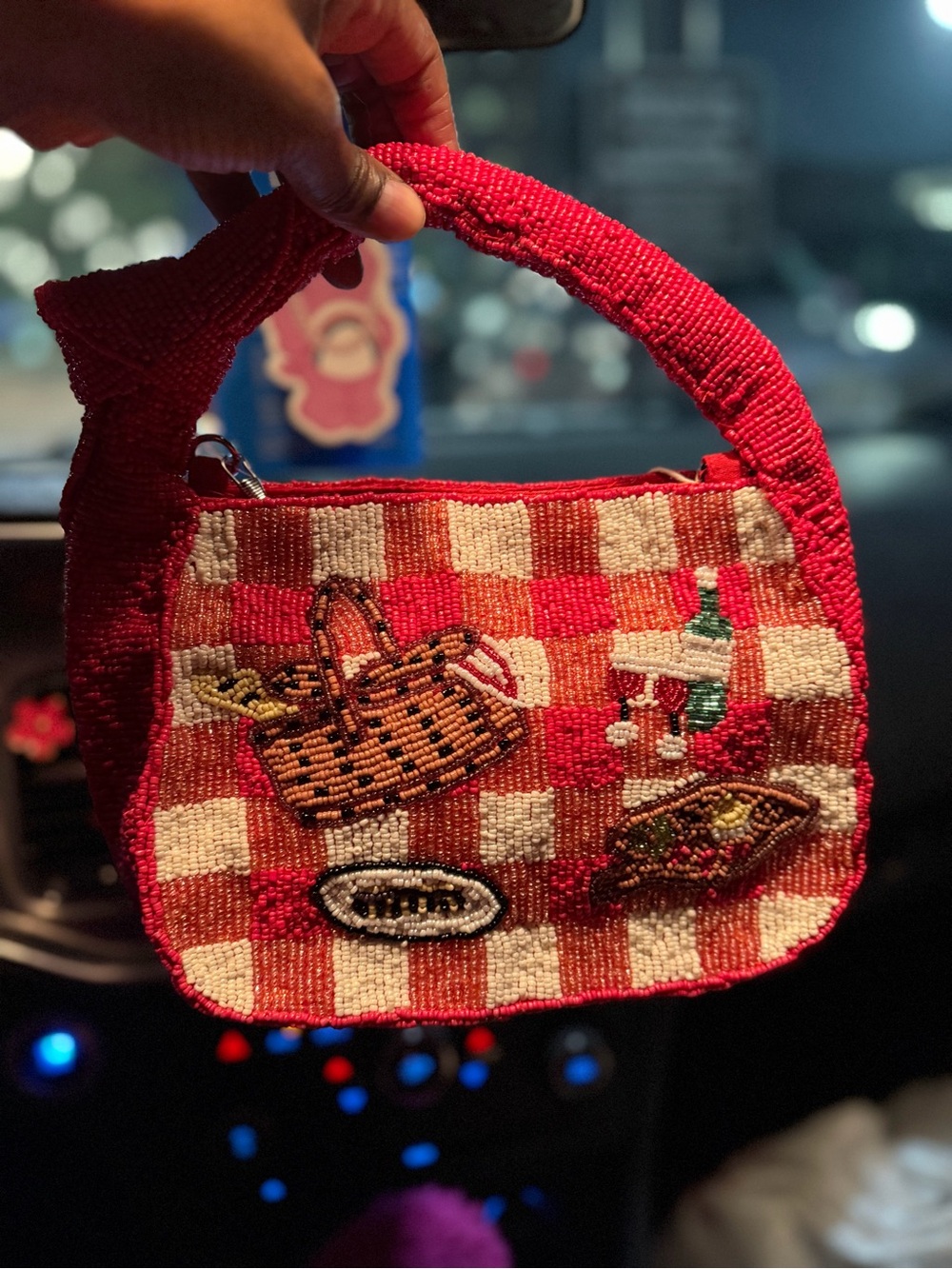 Hand-Beaded Red Check Picnic Motif Shoulder Bag